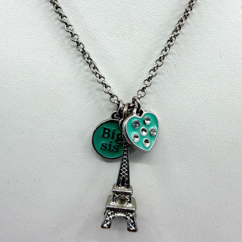 Big Sis Eiffel Tower Paris Charm Necklace Teal Heart Crystal Statement Gift